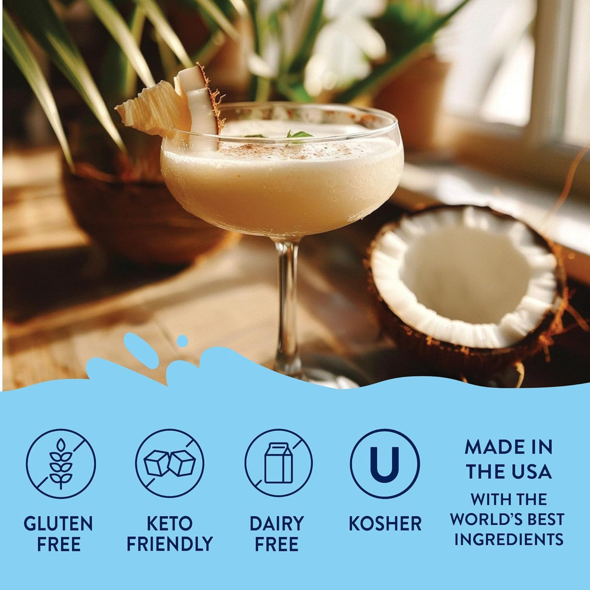 Jordan's Skinny Mixes Coconut Syrup glass filled with bright, sugar-free coconut tea