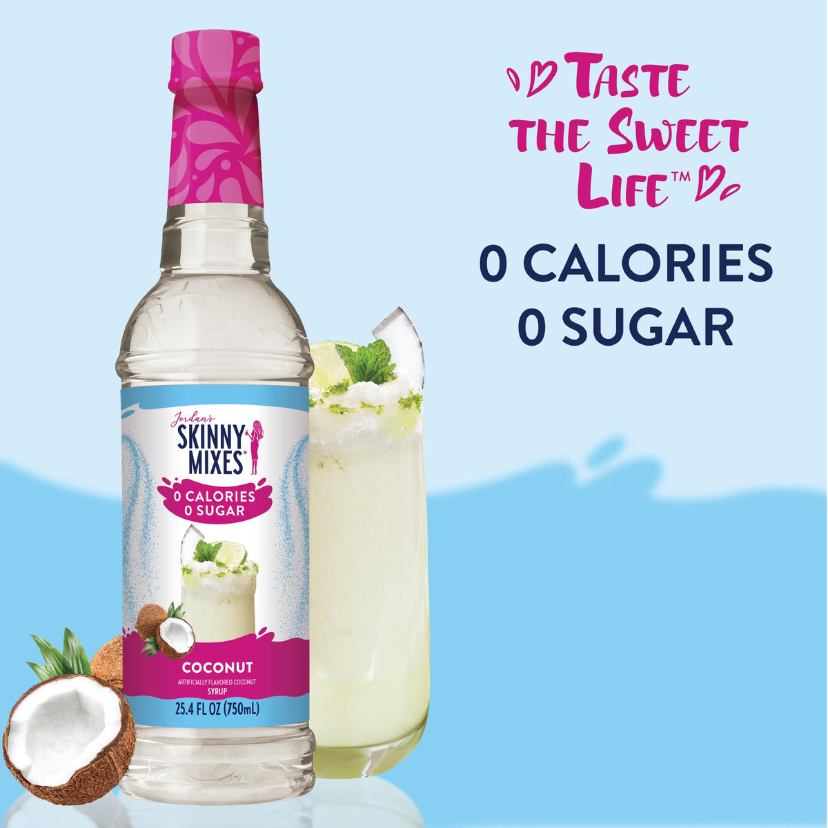 Jordan's Skinny Mixes coconut syrup close-up pour highlights zero sugar flavor.