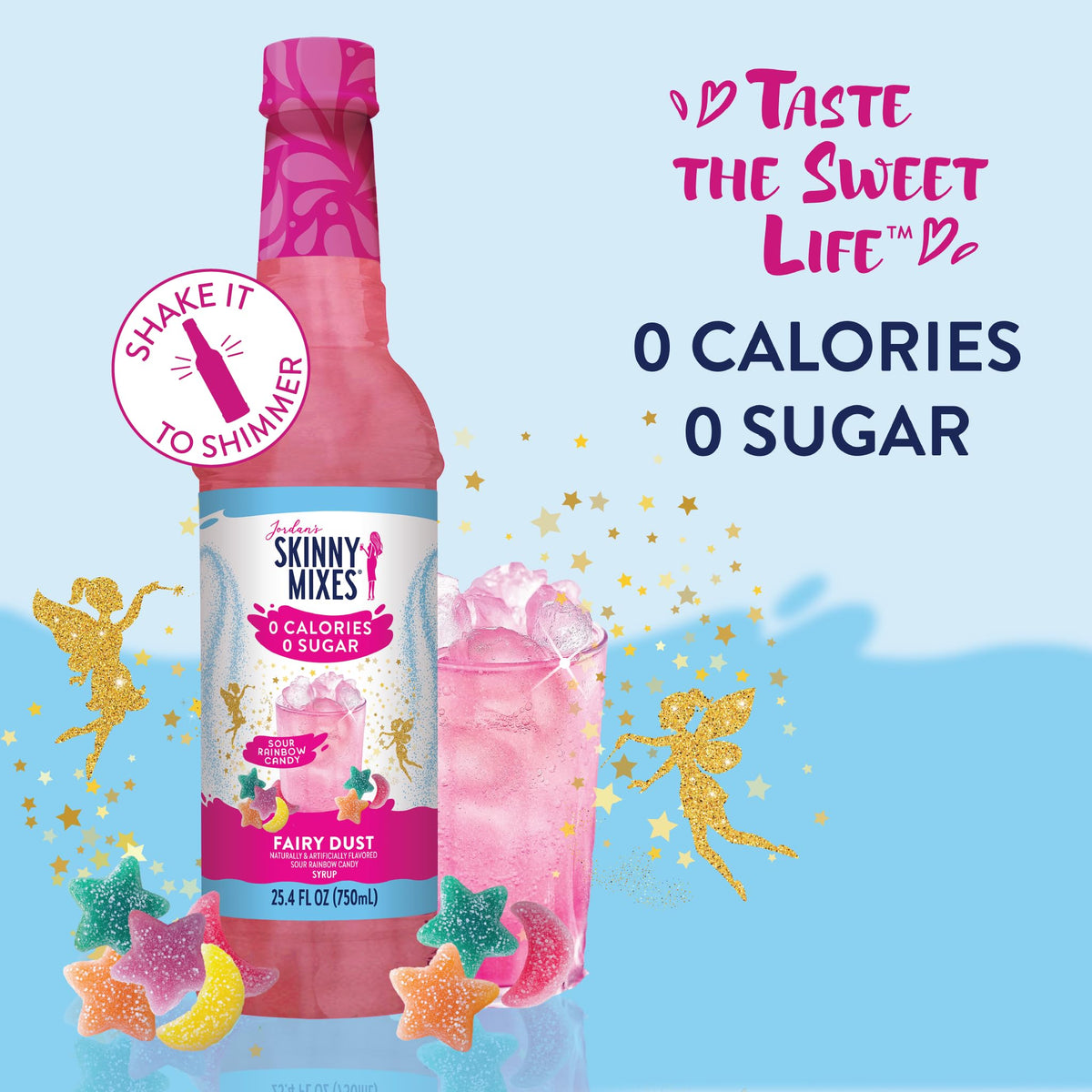 Jordan's Skinny Mixes Fruit-Flavored Syrup bottle on countertop, ready to sweeten water or tea.