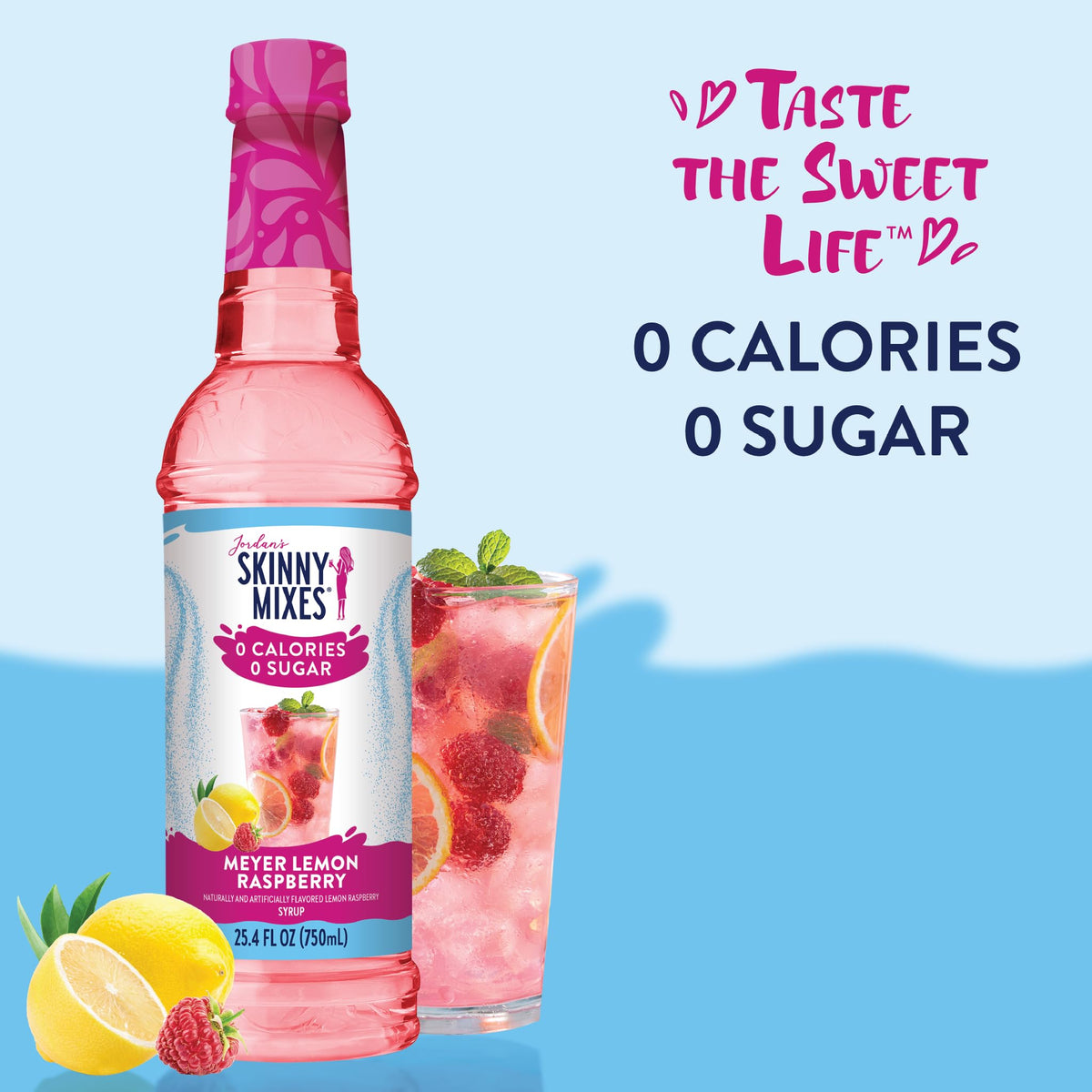 Jordan's Skinny Mixes fruit-flavored syrup being poured into a glass for refreshing drinks.