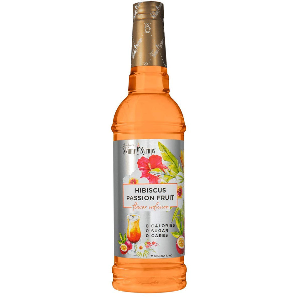 Jordan's Skinny Mixes Hibiscus Passion Fruit bottle front view, zero-calorie flavor for versatile drinks
