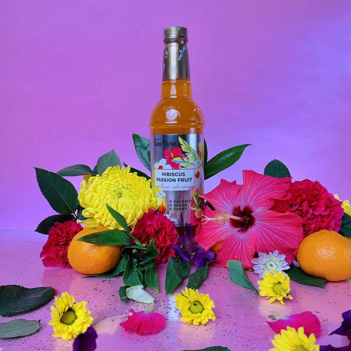 Jordan's Skinny Mixes Hibiscus Passion Fruit bottle close-up label, keto-friendly, gluten-free, and kosher