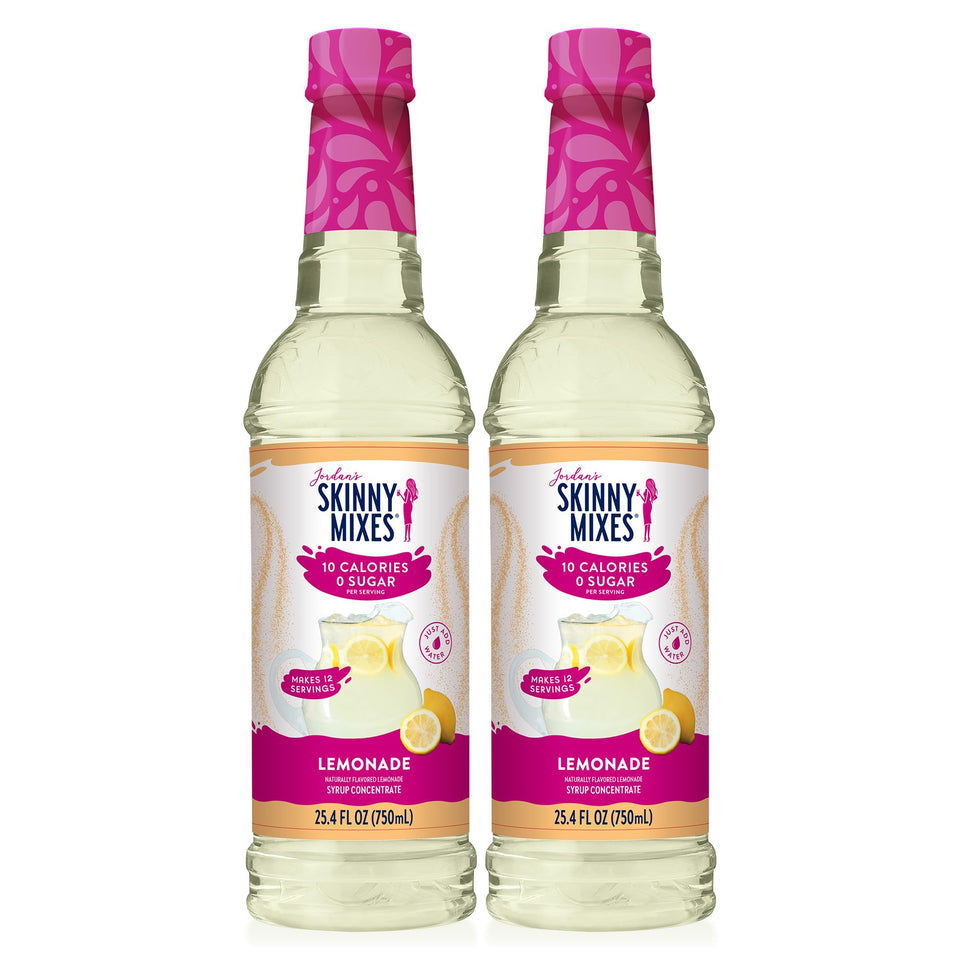 Jordan's Skinny Mixes Lemonade Syrup bottle shows zero sugar flavor booster for drinks