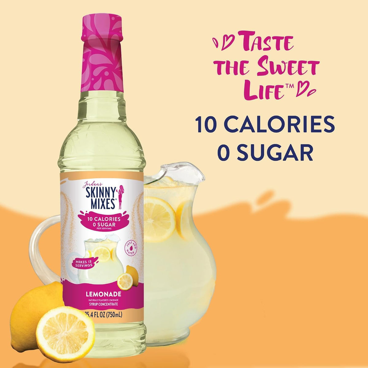 Pouring Jordan's Skinny Mixes Lemonade Syrup into a glass for zero-calorie sweetness