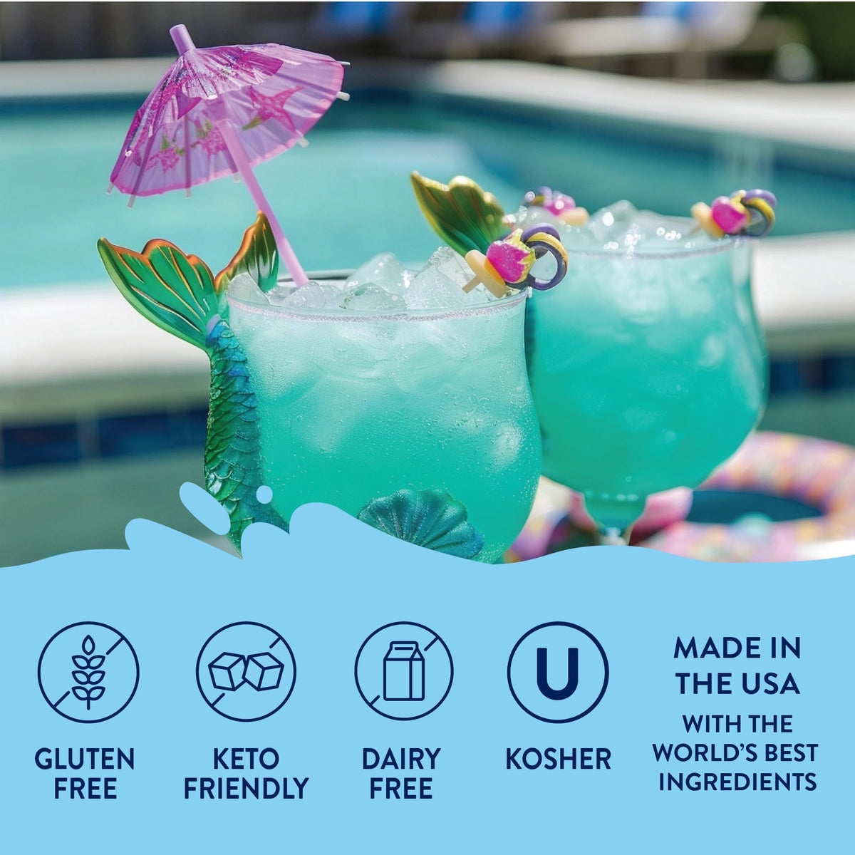 Jordan's Skinny Mixes Mermaid Syrup label closeup highlights USA-made, keto-friendly features