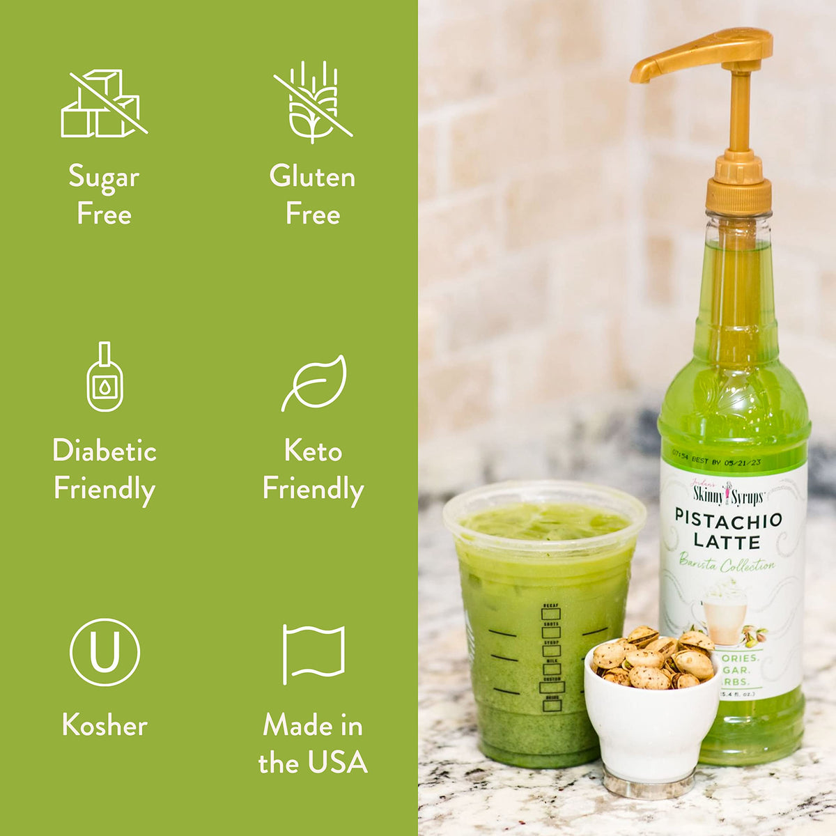 Jordan's Skinny Mixes Pistachio syrup on desserts adds nutty sweetness.