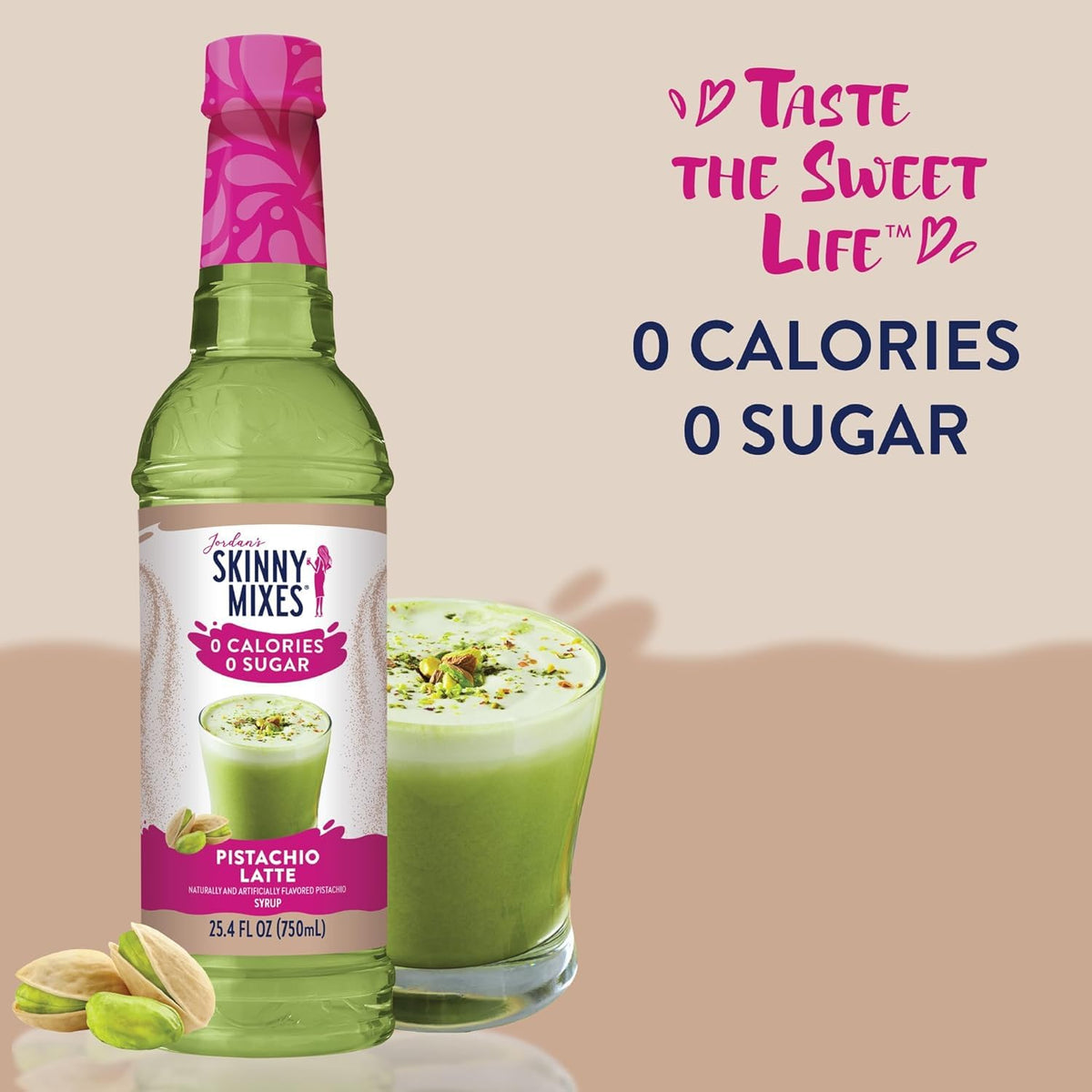 Pouring Pistachio Syrup over coffee for creamy zero-calorie sweetness