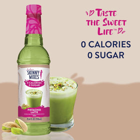 Pouring Pistachio Syrup over coffee for creamy zero-calorie sweetness