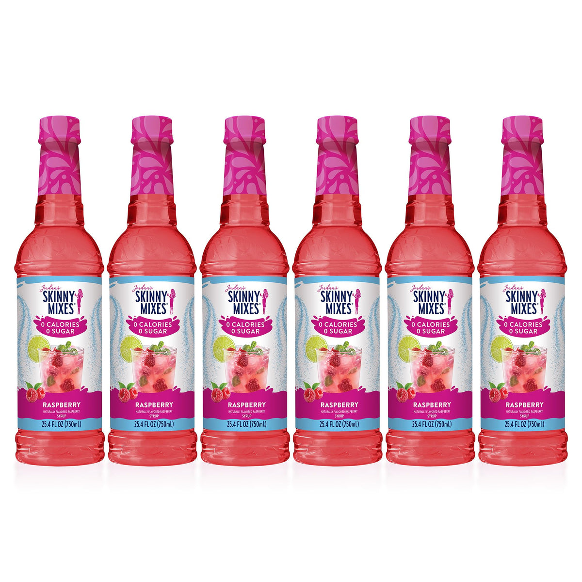 Jordan's Skinny Mixes Raspberry Syrup bottle shows bright sugar-free raspberry flavor.