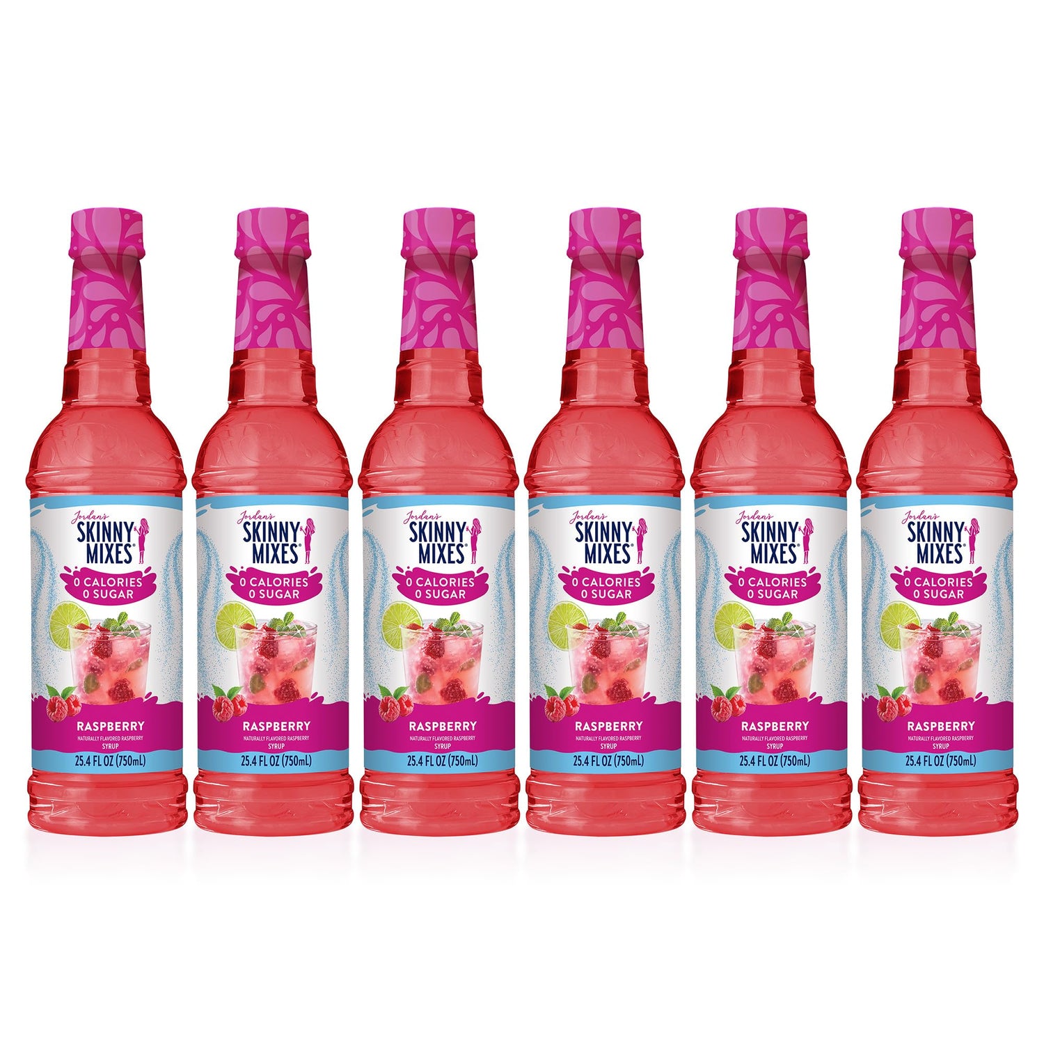 Jordan's Skinny Mixes Raspberry Syrup bottle shows bright sugar-free raspberry flavor.