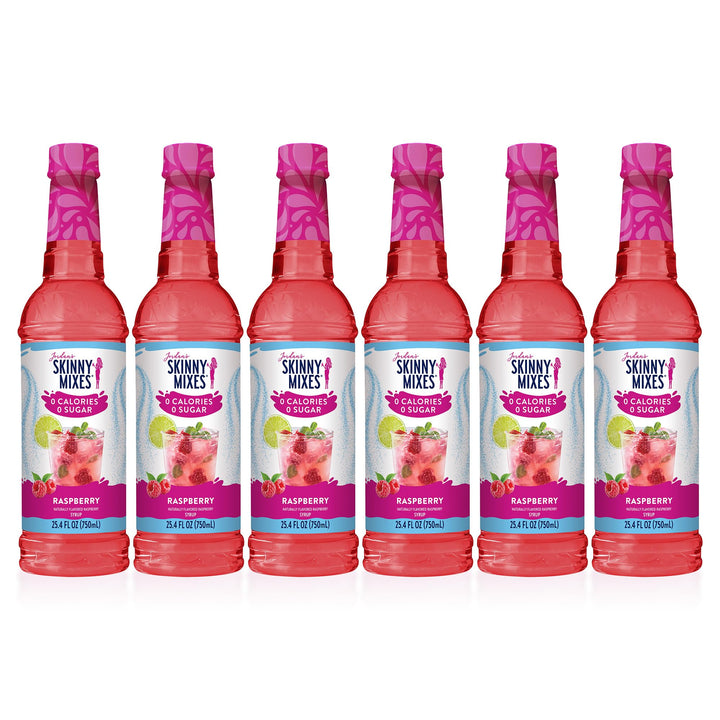 Jordan's Skinny Mixes Raspberry Syrup bottle shows bright sugar-free raspberry flavor.