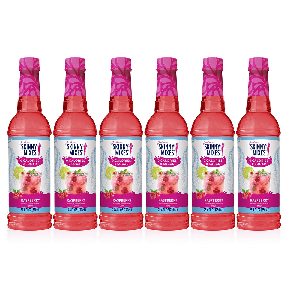 Jordan's Skinny Mixes Raspberry Syrup bottle shows bright sugar-free raspberry flavor.