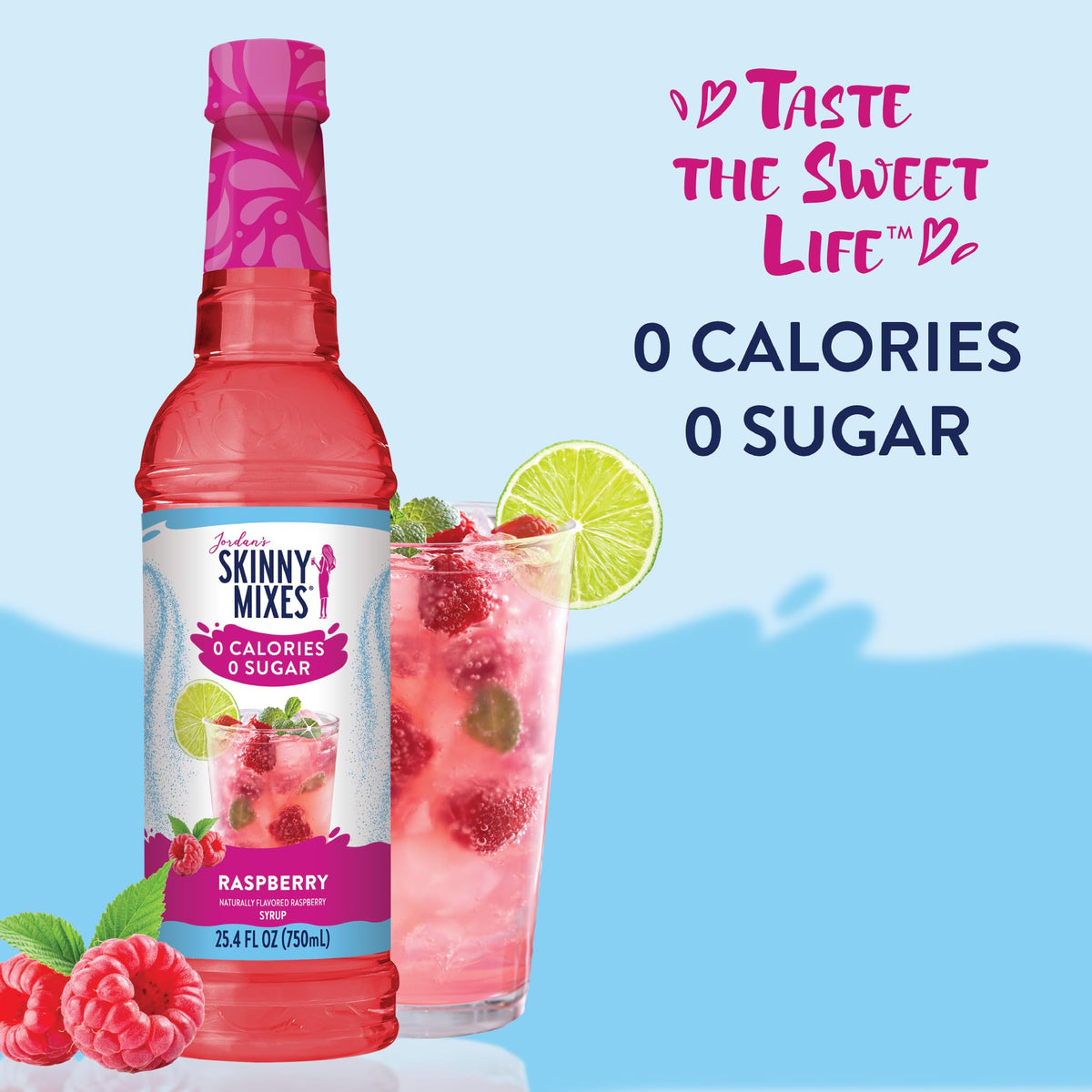 Jordan's Skinny Mixes Raspberry Syrup bottle on shelf demonstrates versatile dessert topping.