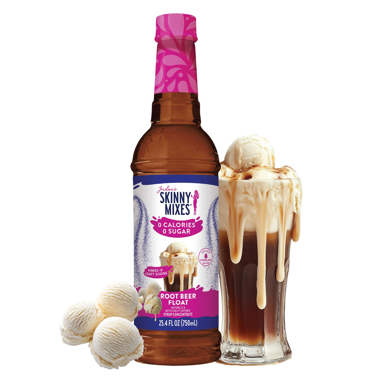 Jordan's Skinny Mixes Root Beer Float syrup bottle on the counter for zero sugar sweetness.