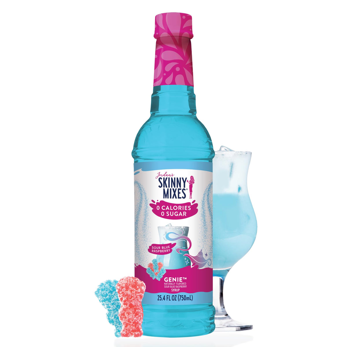 Jordan's Skinny Mixes Sour Blue Raspberry syrup bottle, zero sugar flavor booster for beverages