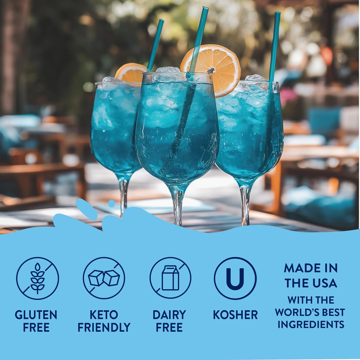 Jordan's Skinny Mixes Sour Blue Raspberry syrup pour showing vibrant, tangy flavor for drinks