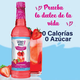 Jordan's Skinny Syrups Strawberry Syrup label close-up highlights zero calories and keto-friendly notes.