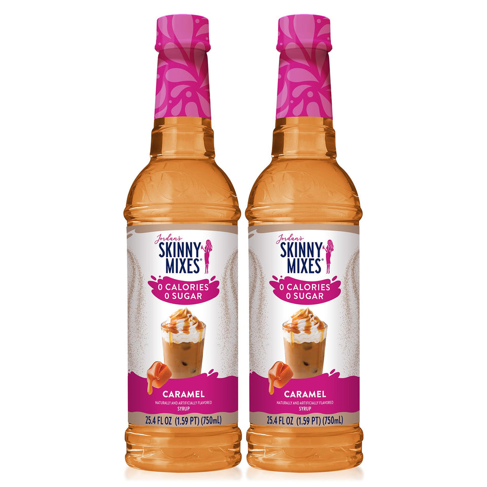 Jordan's Skinny Mixes sugar free coffee syrup bottle pour highlights zero calorie sweetness.