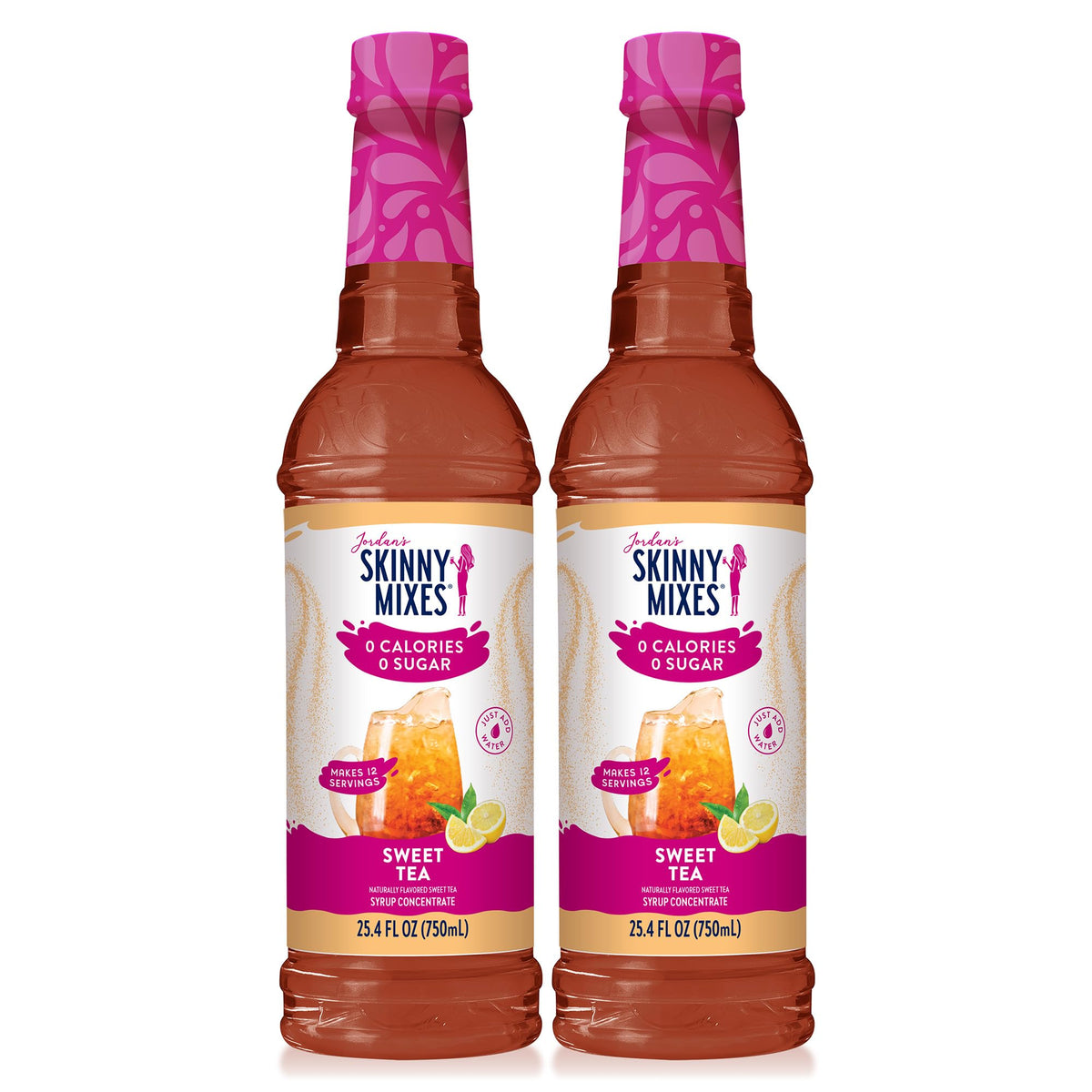 Jordan's Skinny Mixes Sugar Free Syrup Sweet Tea bottle pour adds zero-calorie flavor to tea or water