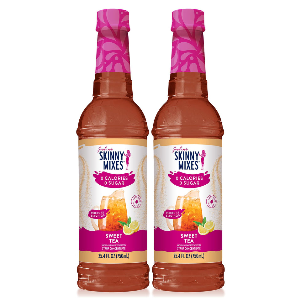 Jordan's Skinny Mixes Sugar Free Syrup Sweet Tea bottle pour adds zero-calorie flavor to tea or water