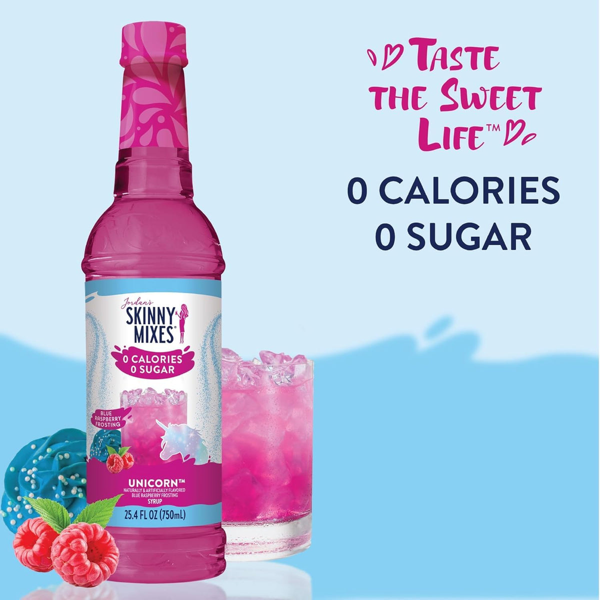 Jordan's Skinny Mixes Unicorn Syrup in a glass enhances lemonade and sparkling water.