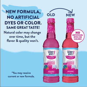 Jordan's Skinny Mixes Unicorn Syrup packaging emphasizes dairy-free, kosher versatility.