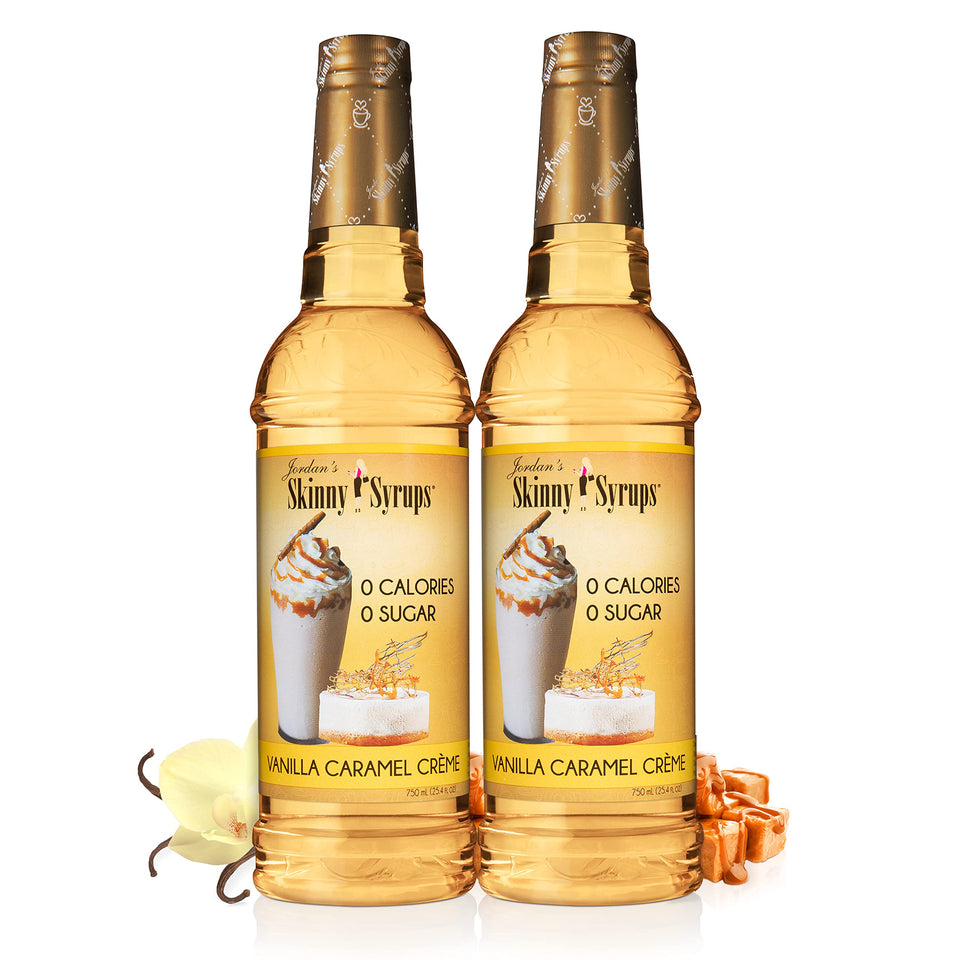 Jordan's Skinny Mixes Vanilla Caramel Creme bottle adds rich flavor to coffee without sugar