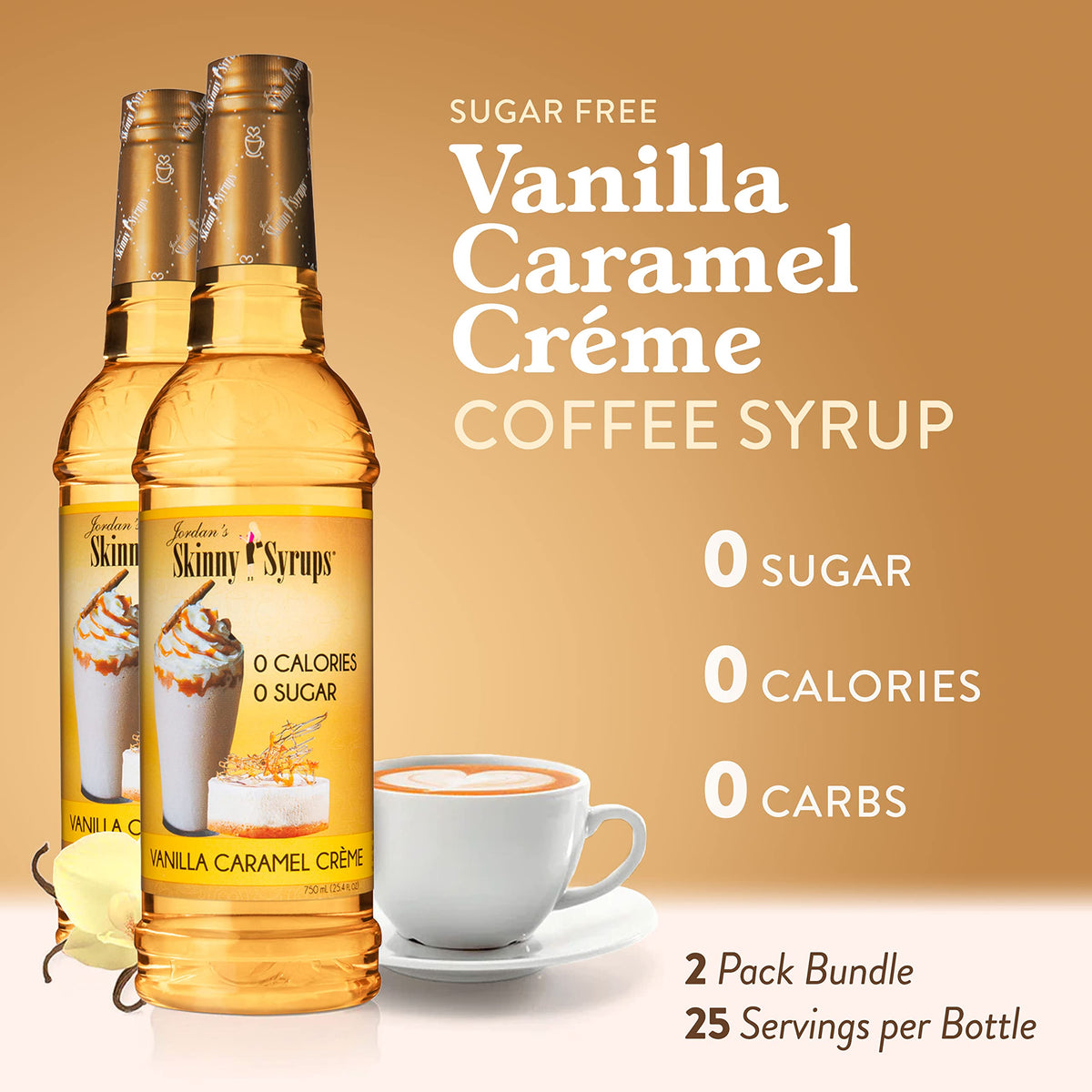 Pouring Jordan's Skinny Mixes Vanilla Caramel Creme into a cup for a creamy, sugar-free latte