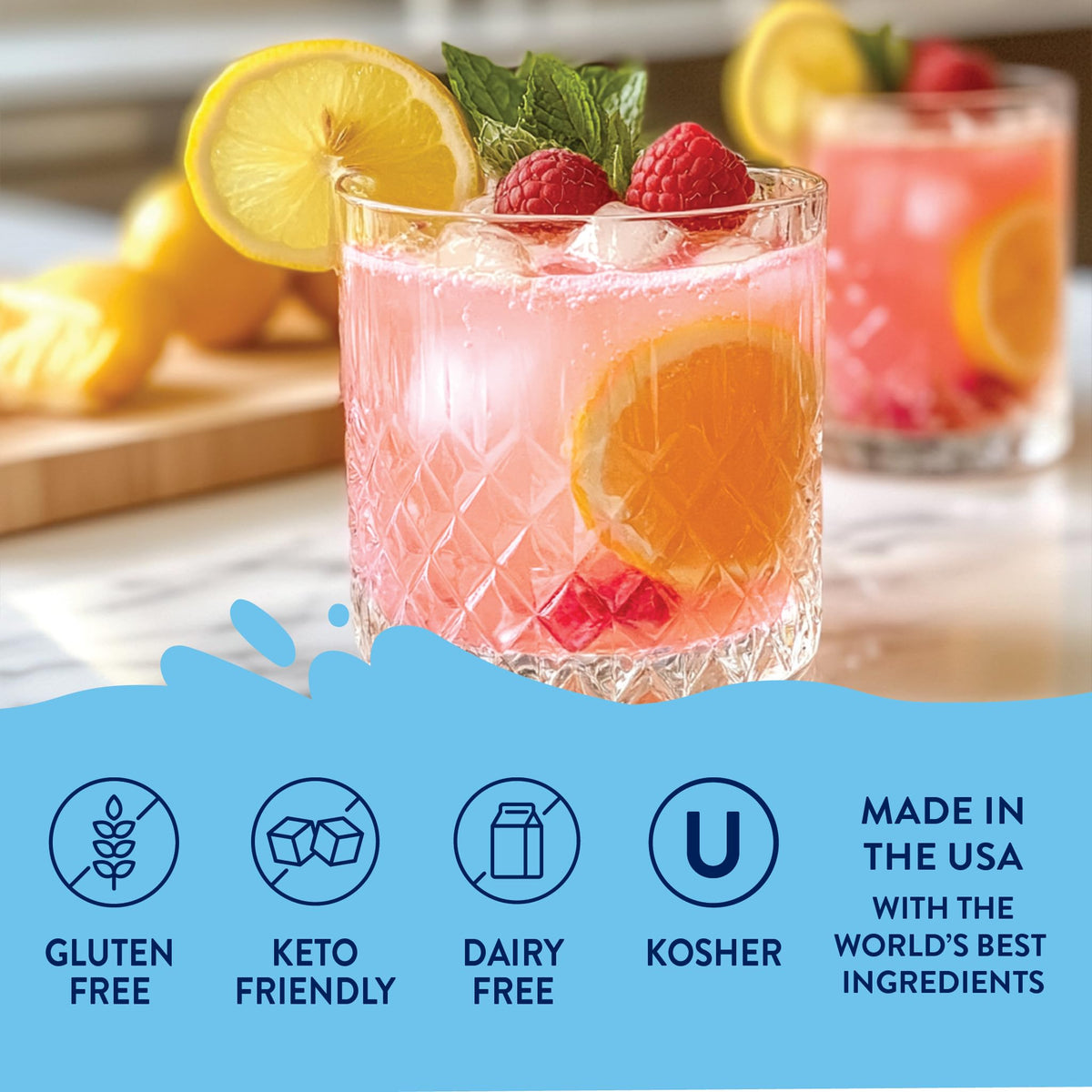 Jordan's Skinny Mixes water enhancer splash into sparkling water highlighting zero calorie sweetness.