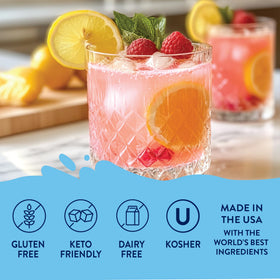 Jordan's Skinny Mixes water enhancer splash into sparkling water highlighting zero calorie sweetness.