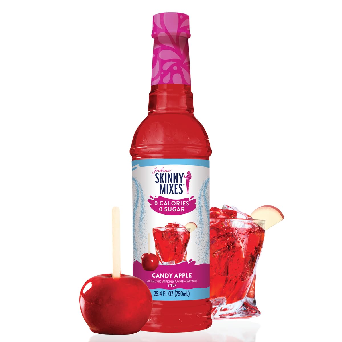 Jordan's Skinny Mixes Candy Apple Syrup bottle showing zero calories and versatile uses