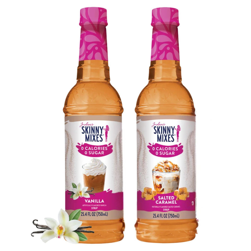 Jordan's Skinny Syrups salted caramel bottle highlights sugar-free flavor for drinks.