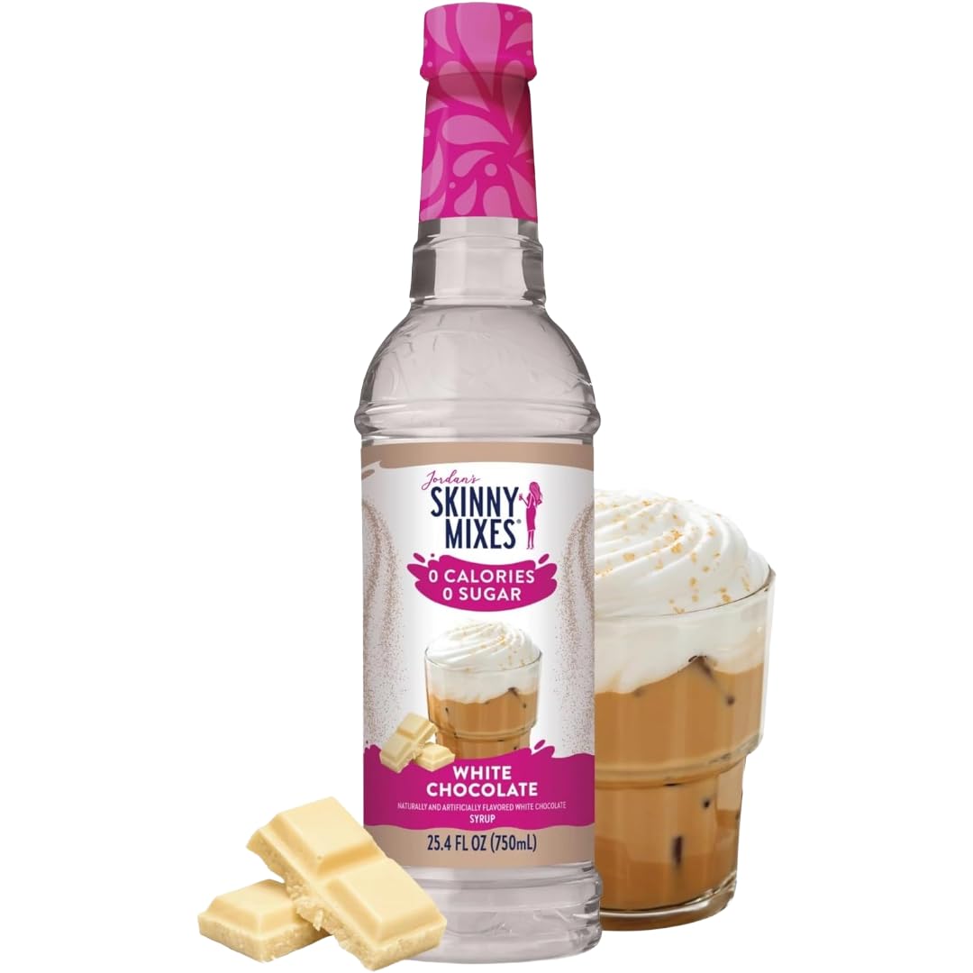 Jordan's Skinny Syrups White Chocolate bottle showing zero-calorie flavor for coffee