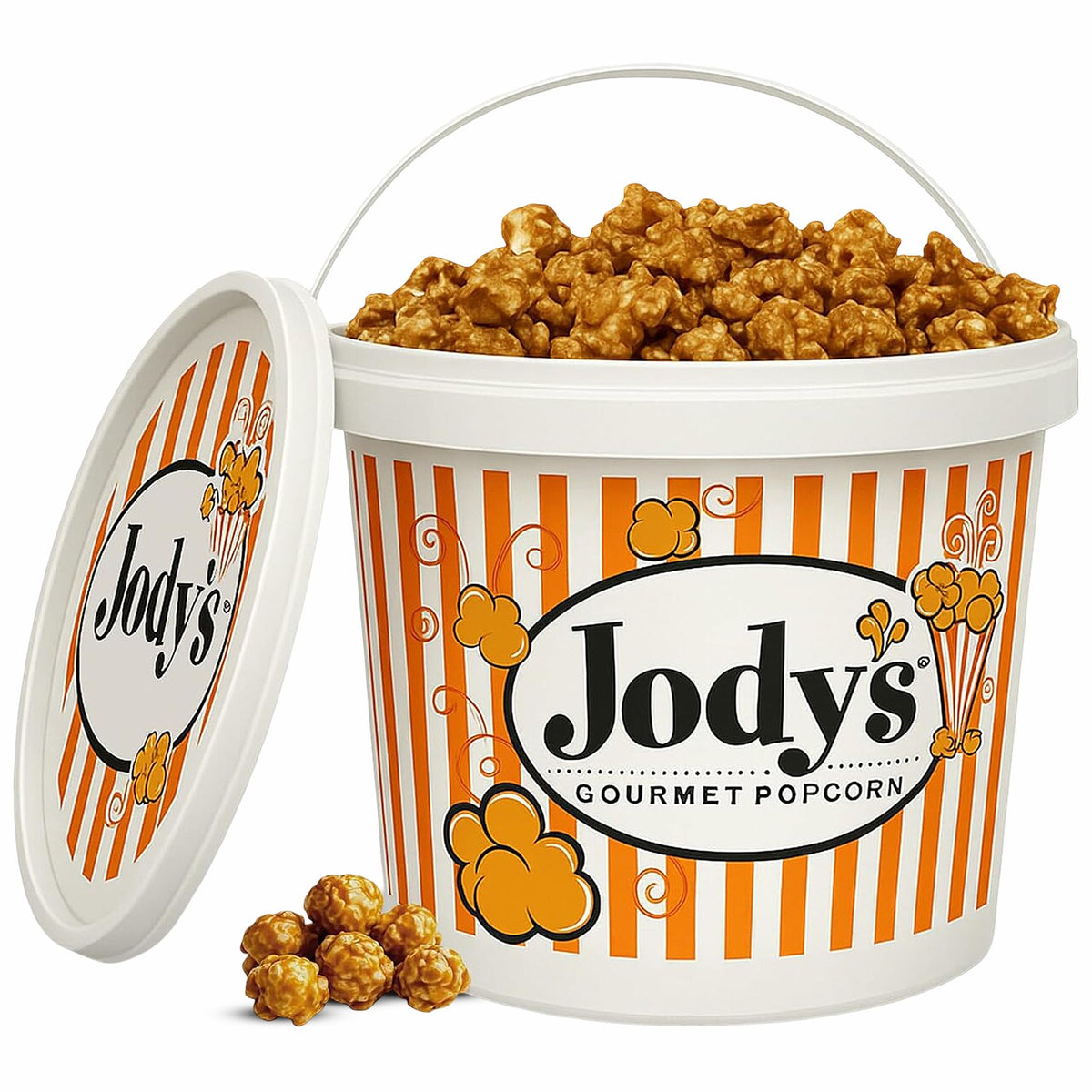 Jody’s Gourmet Caramel Corn tub top view shows generous caramel coating for sharing