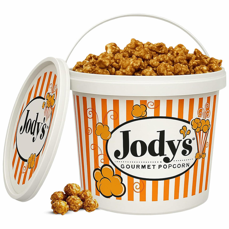Jody’s Gourmet Caramel Corn tub top view shows generous caramel coating for sharing