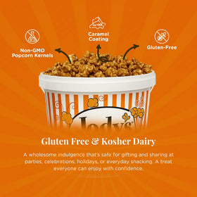 Fresh USA-made Jody’s Caramel Corn tub with resealable lid for freshness