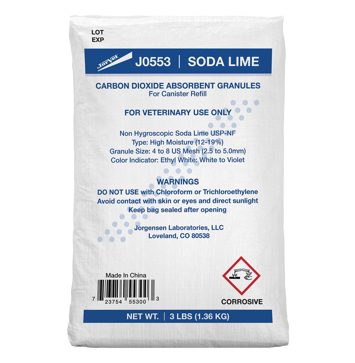 JorVet Soda Lime 3 Lb Bag for CO2 absorption in rebreathing circuits