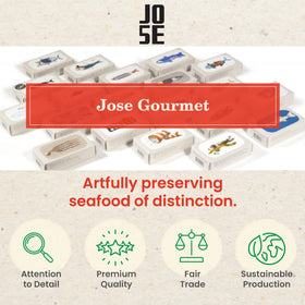 Jose Gourmet olive oil bottle beside salmon can, highlights flavor and quality.