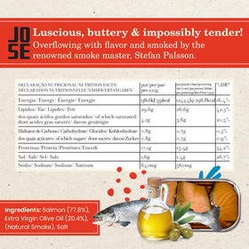 Jose Gourmet Portuguese salmon tin in EVOO, premium sustainable seafood.