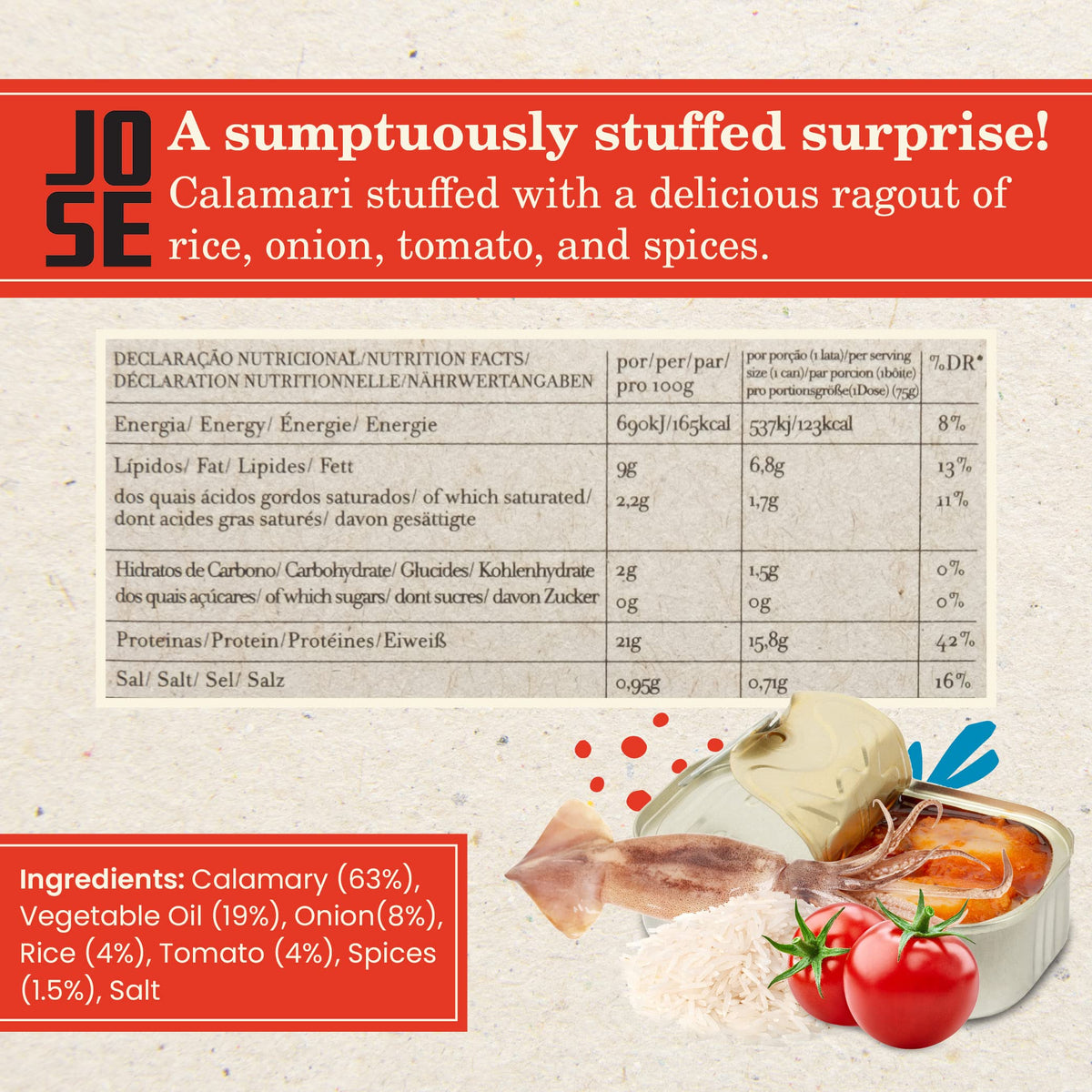 Jose Gourmet sauce and ingredients closeup showing rich ragout and spices.