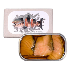 Jose Gourmet smoked salmon in olive oil can, ready-to-serve high-protein option.