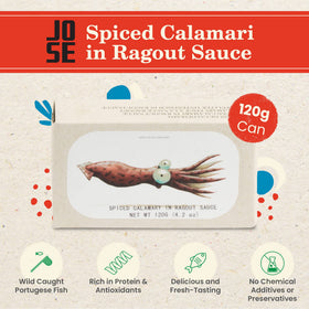 Jose Gourmet wild-caught Portuguese calamari emphasizes premium seafood for gourmet dishes.