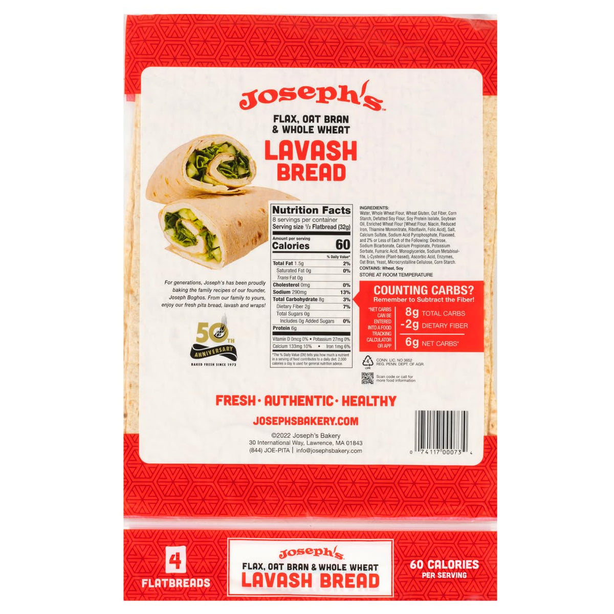 Joseph's Bakery Lavash label shows 60 calories per serving