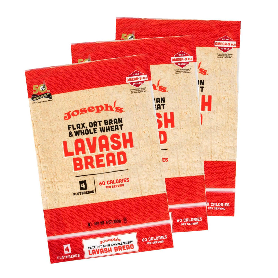 Joseph's Bakery Lavash three-pack packaging for easy meal prep