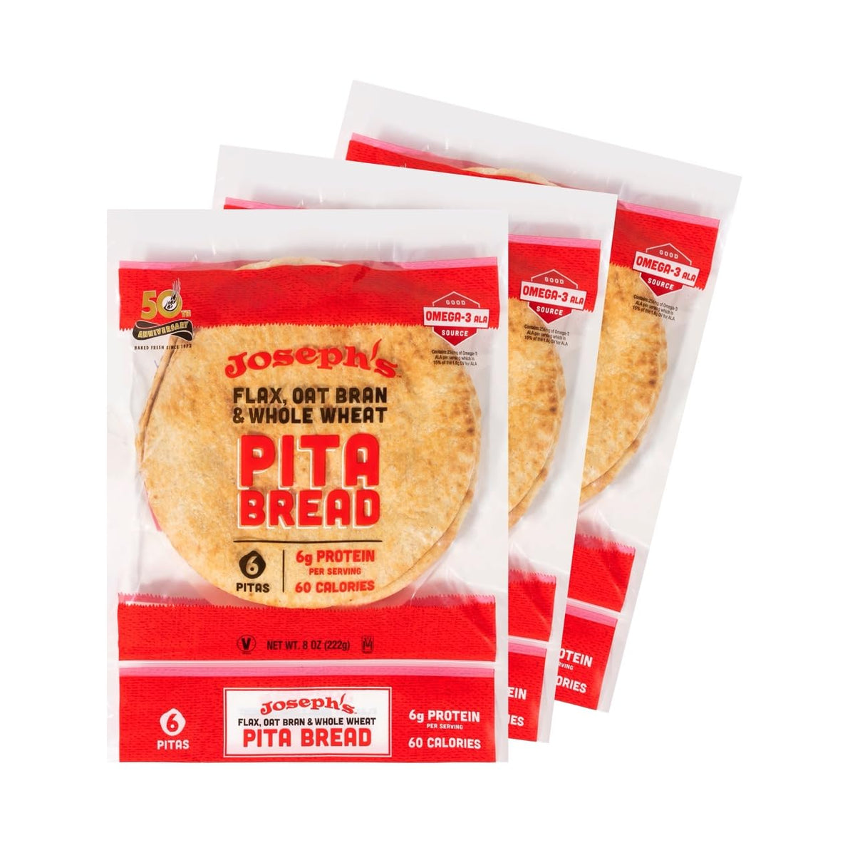 Joseph's Flax Pita 3 Pack on packaging, ready for fresh consumption and wraps