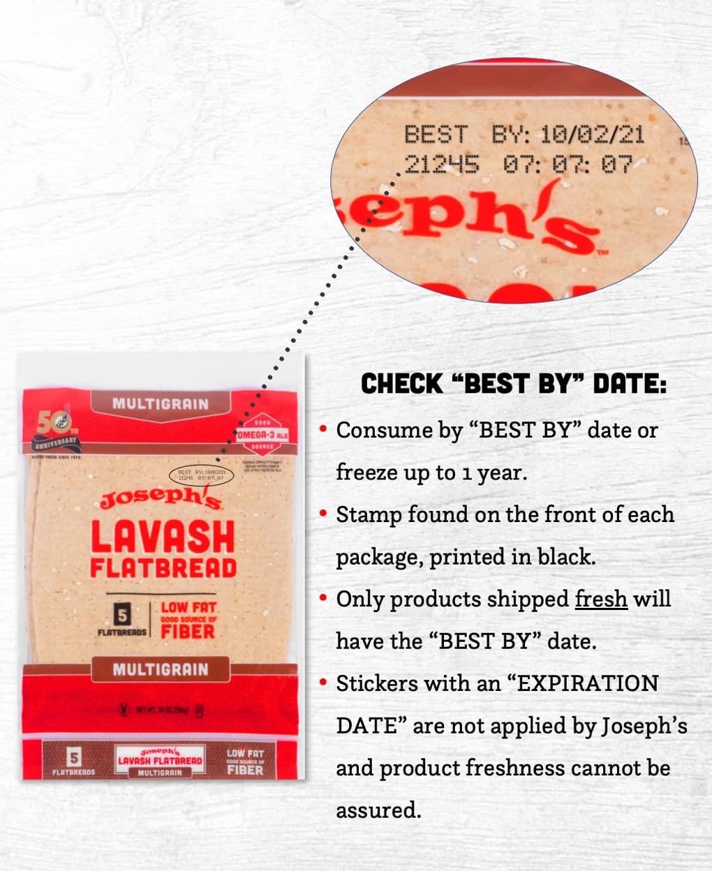 Joseph's Lavash Bread fresh-not-frozen display highlights immediate serving potential.