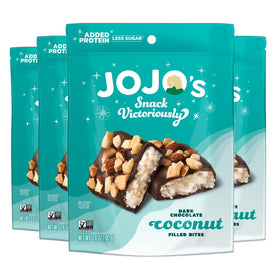 JOJO's dark chocolate coconut bites with almonds – pack shot, gluten-free snack option.