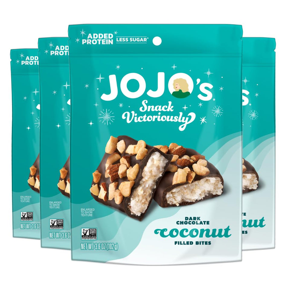 JOJO's dark chocolate coconut bites with almonds – pack shot, gluten-free snack option.