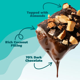 JOJO's bites close-up – glossy chocolate shell with almond specks.