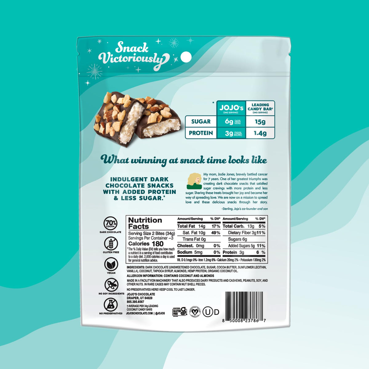 JOJO's ingredients card – gluten-free, vegan, non-GMO profile for coconut bites.